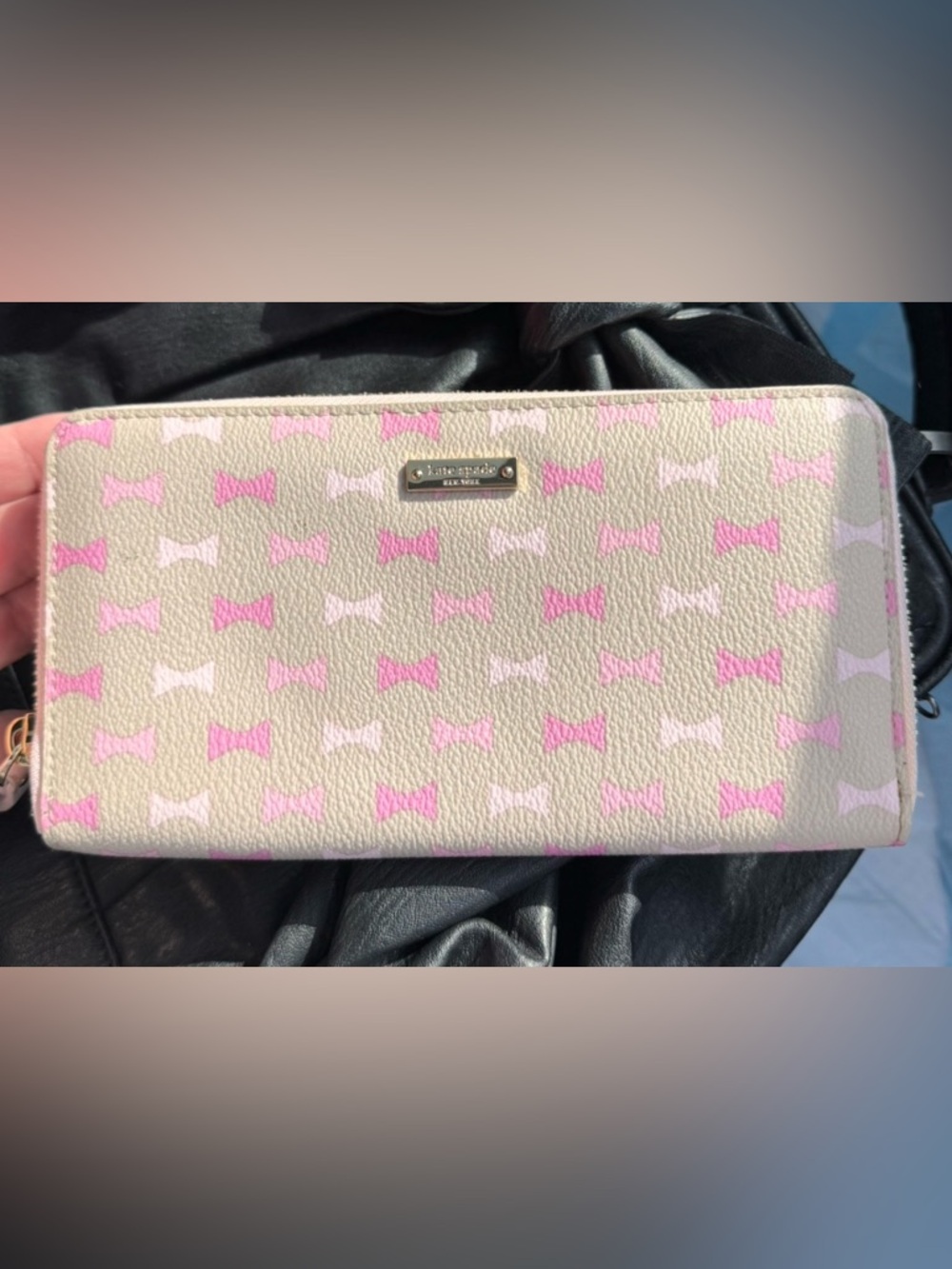 Kate Spade Storybook Pebbled Leather Pink Bow Wallet - Beige Background; NWOT